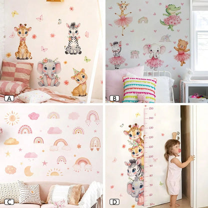 BRUP 1/2sheets Watercolor Cute Jungle Animals Wall Stickers Cartoon Giraffe Elephant Deer Zebra Decals Wall Art For Girls Room, Nursery Kids Bedroom Decor