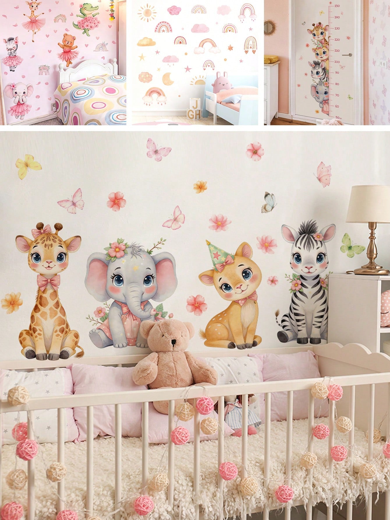 BRUP 1/2sheets Watercolor Cute Jungle Animals Wall Stickers Cartoon Giraffe Elephant Deer Zebra Decals Wall Art For Girls Room, Nursery Kids Bedroom Decor