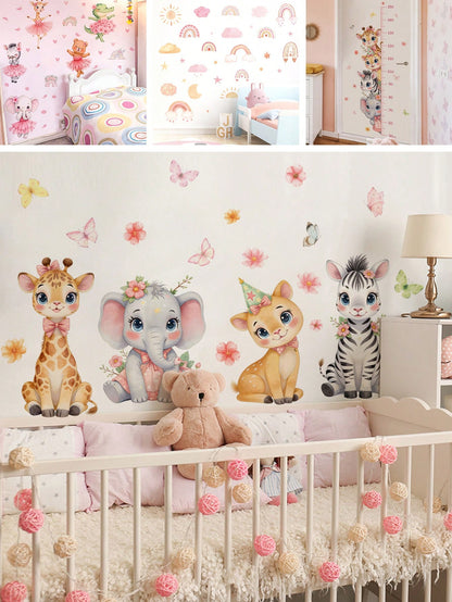 BRUP 1/2sheets Watercolor Cute Jungle Animals Wall Stickers Cartoon Giraffe Elephant Deer Zebra Decals Wall Art For Girls Room, Nursery Kids Bedroom Decor
