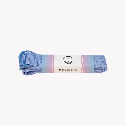 Gradient blue and pink skates strap with a brand logo on a white background