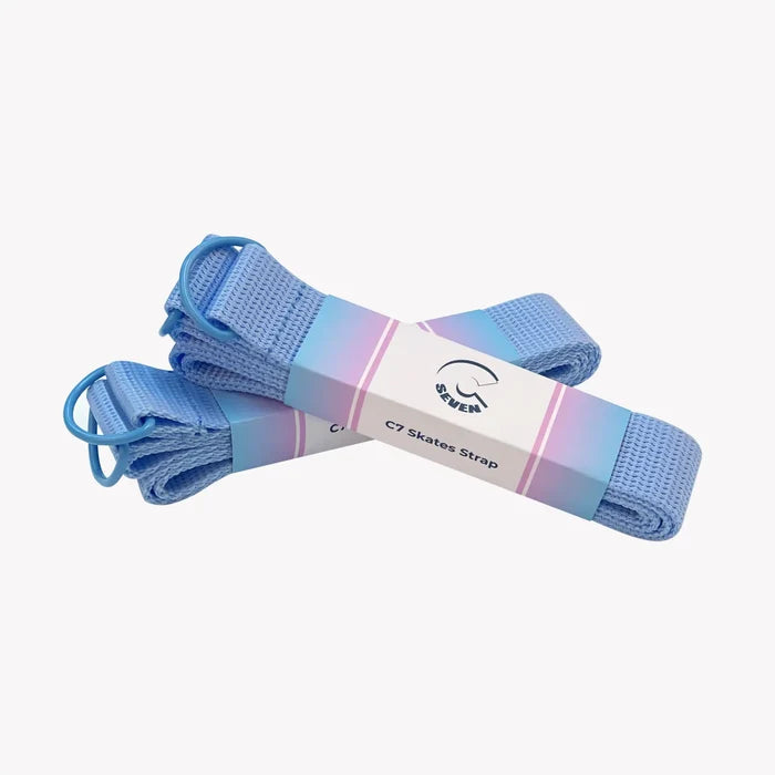 Blue skate strap with a white label on a light gray background