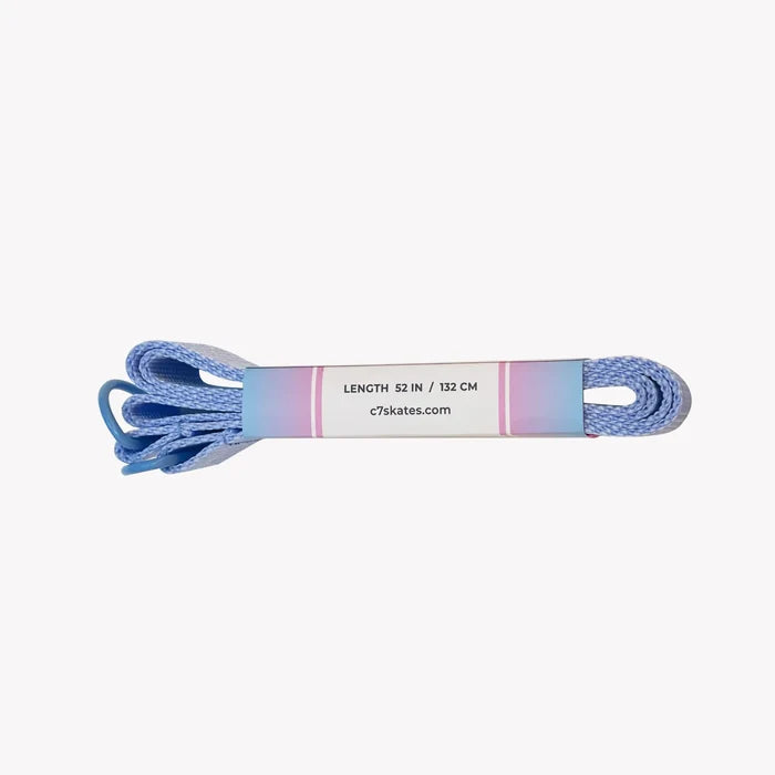 Blue shoelace with a white label on a white background