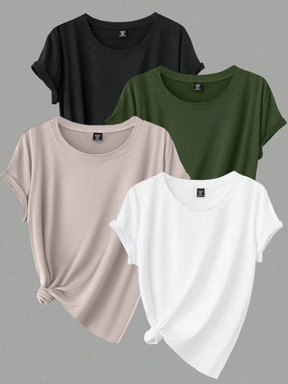 Calvaya Plus Size Casual Solid Color Short Sleeve Tops, Basic Tees