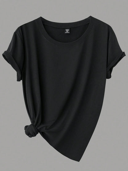 Calvaya Plus Size Casual Solid Color Short Sleeve Tops, Basic Tees