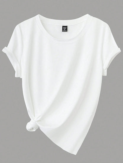 Calvaya Plus Size Casual Solid Color Short Sleeve Tops, Basic Tees