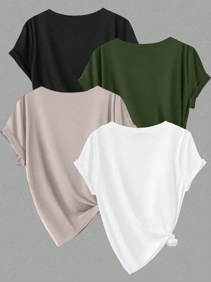 Calvaya Plus Size Casual Solid Color Short Sleeve Tops, Basic Tees