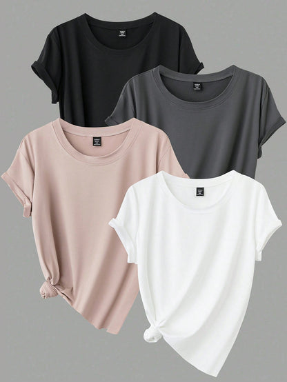 Calvaya Plus Size Casual Solid Color Short Sleeve Tops, Basic Tees