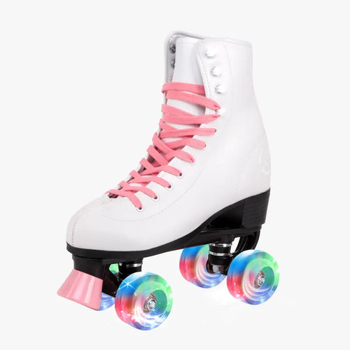 White roller skate with pink laces and colorful wheels on a white background
