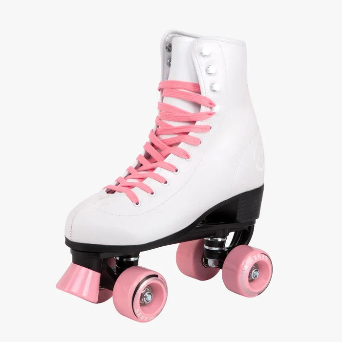 White roller skate with pink laces and wheels on a white background
