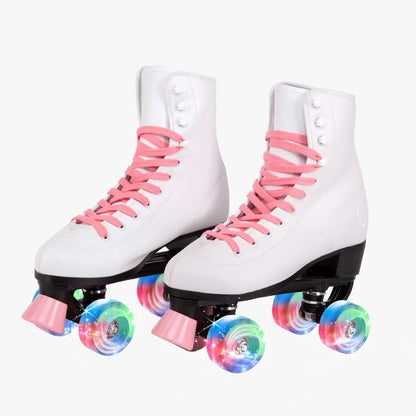 White roller skates with pink laces and colorful wheels on a white background