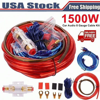 Car Amplifier AMP Wiring Kit, 8 AWG Car Subwoofer Amplifier Installation Wires, Audio Cable Subwoofer Sub RCA Power FUSE AGU 1500W