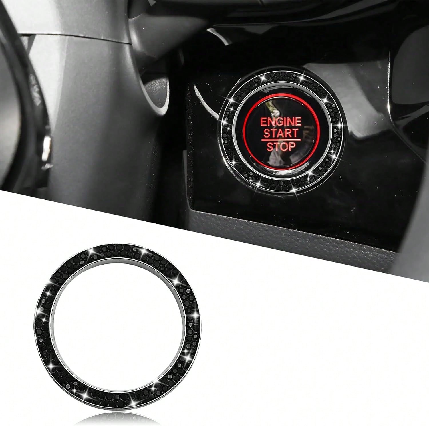 Car Bling Crystal Rhinestone Engine Start Decoration Ring, Sparkling Push Start Button Sticker, Key Ignition &Amp; Knob Ring Decoration, Bling Car Interior Accessories For Women (Black)