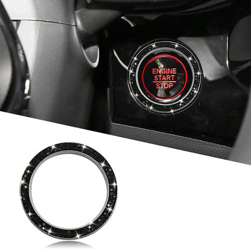 Car Bling Crystal Rhinestone Engine Start Decoration Ring, Sparkling Push Start Button Sticker, Key Ignition &Amp; Knob Ring Decoration, Bling Car Interior Accessories For Women (Black)