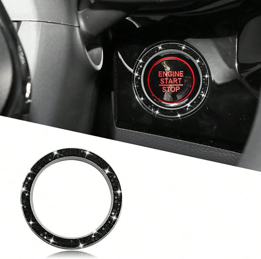Car Bling Crystal Rhinestone Engine Start Decoration Ring, Sparkling Push Start Button Sticker, Key Ignition &Amp; Knob Ring Decoration, Bling Car Interior Accessories For Women (Black)