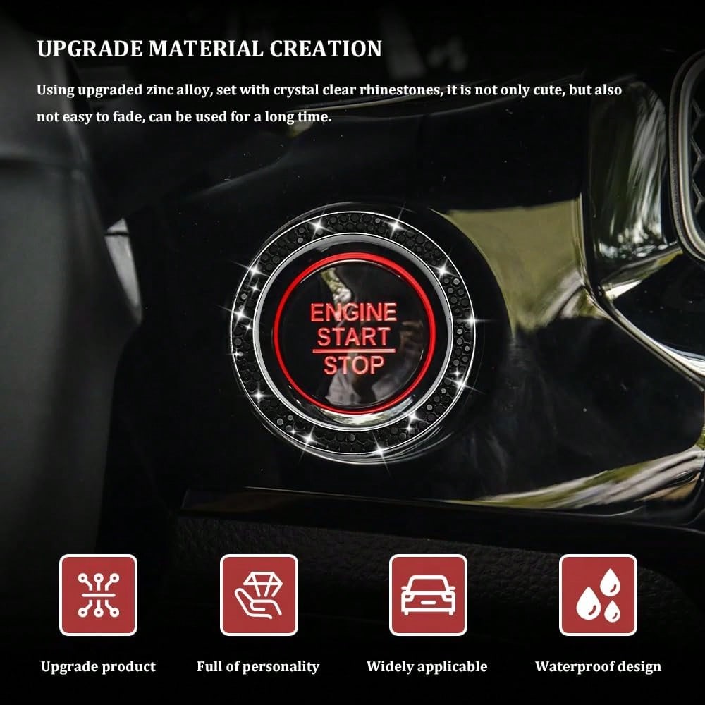 Car Bling Crystal Rhinestone Engine Start Decoration Ring, Sparkling Push Start Button Sticker, Key Ignition &Amp; Knob Ring Decoration, Bling Car Interior Accessories For Women (Black)