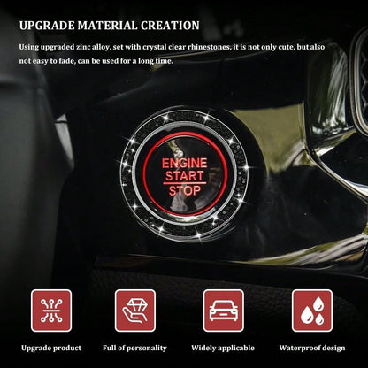 Car Bling Crystal Rhinestone Engine Start Decoration Ring, Sparkling Push Start Button Sticker, Key Ignition &Amp; Knob Ring Decoration, Bling Car Interior Accessories For Women (Black)