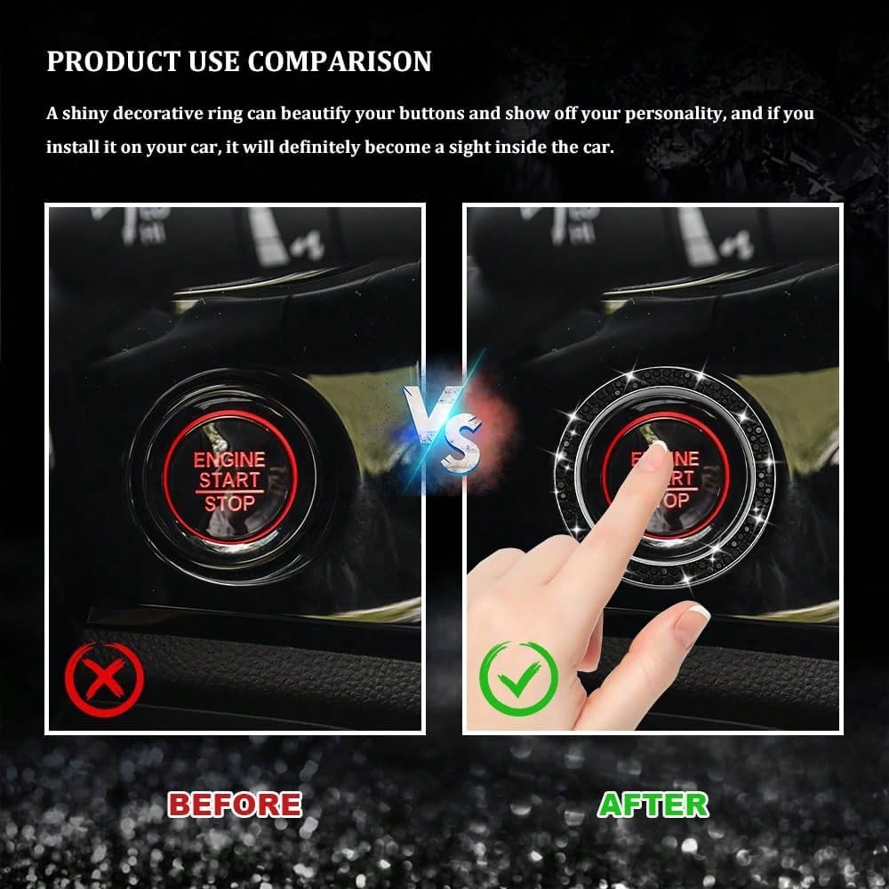 Car Bling Crystal Rhinestone Engine Start Decoration Ring, Sparkling Push Start Button Sticker, Key Ignition &Amp; Knob Ring Decoration, Bling Car Interior Accessories For Women (Black)