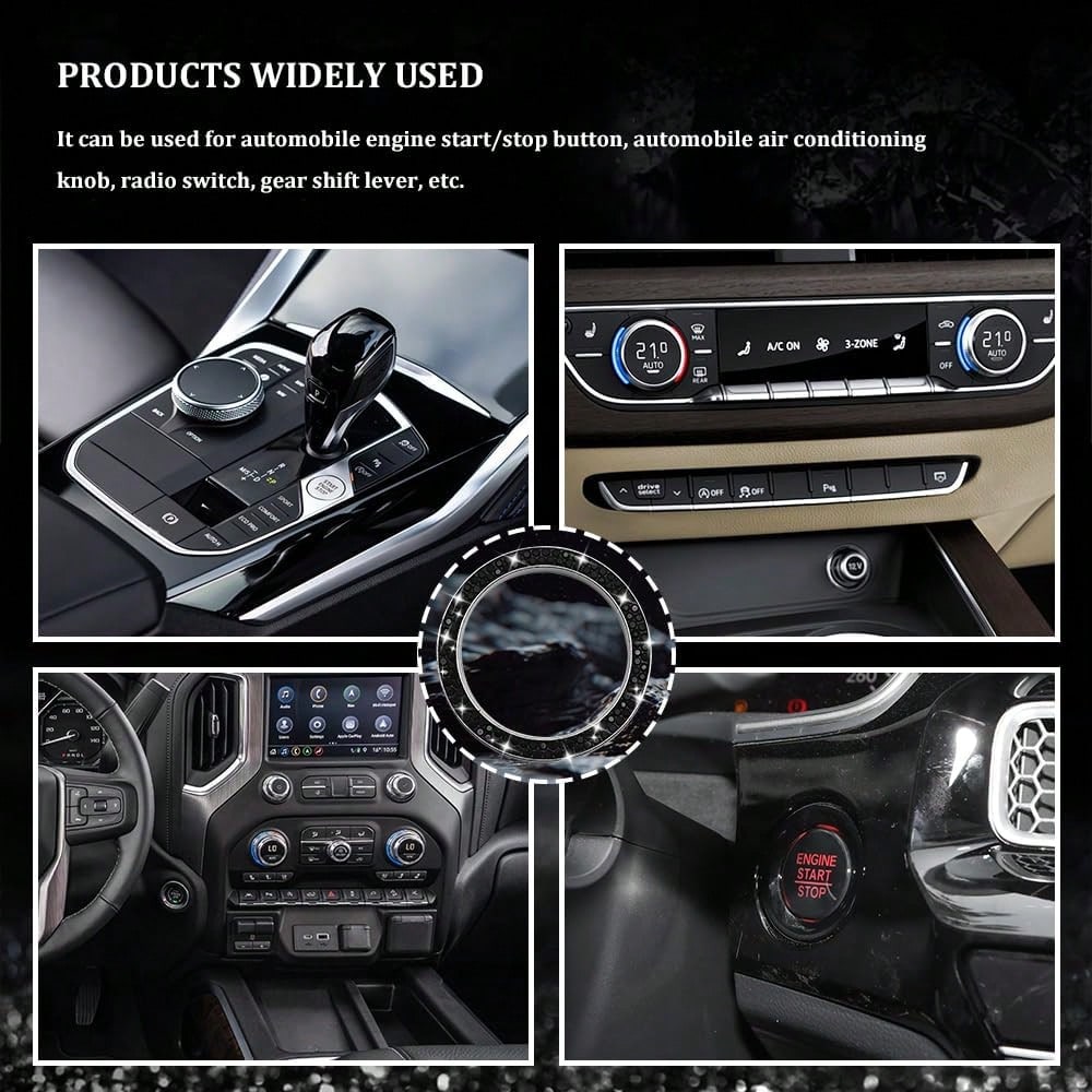 Car Bling Crystal Rhinestone Engine Start Decoration Ring, Sparkling Push Start Button Sticker, Key Ignition &Amp; Knob Ring Decoration, Bling Car Interior Accessories For Women (Black)