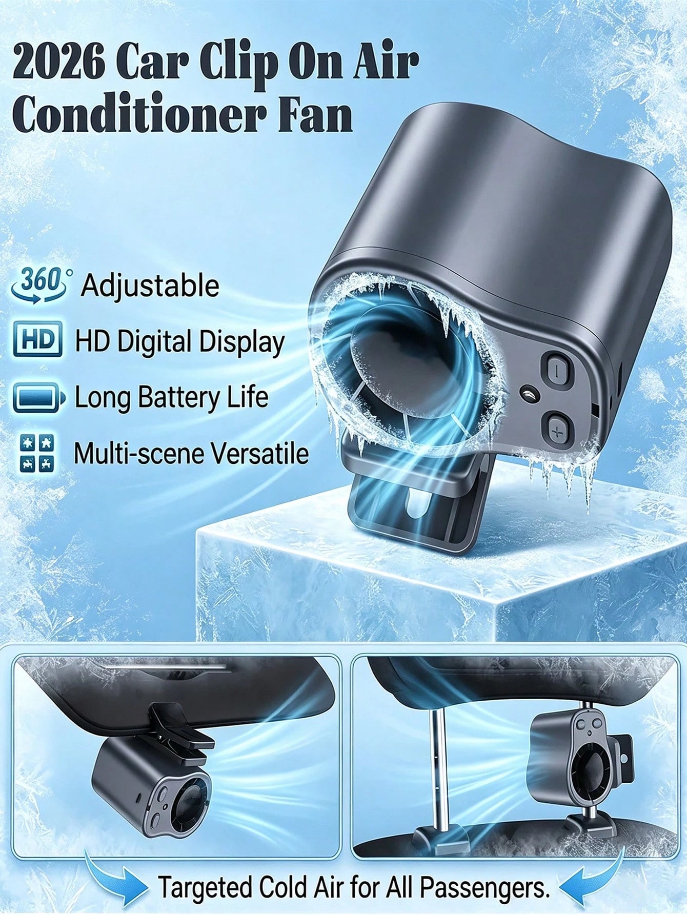 Car Clip-On Fan 360° Rotatable Mini Fan, Suitable For Car Sun Visor, Roof Handle, Seat Belt, Seat, Compact Portable Rechargeable Cooling Fan With LED Display, Suitable For Vehicle, SUV, RV, Van, Strol