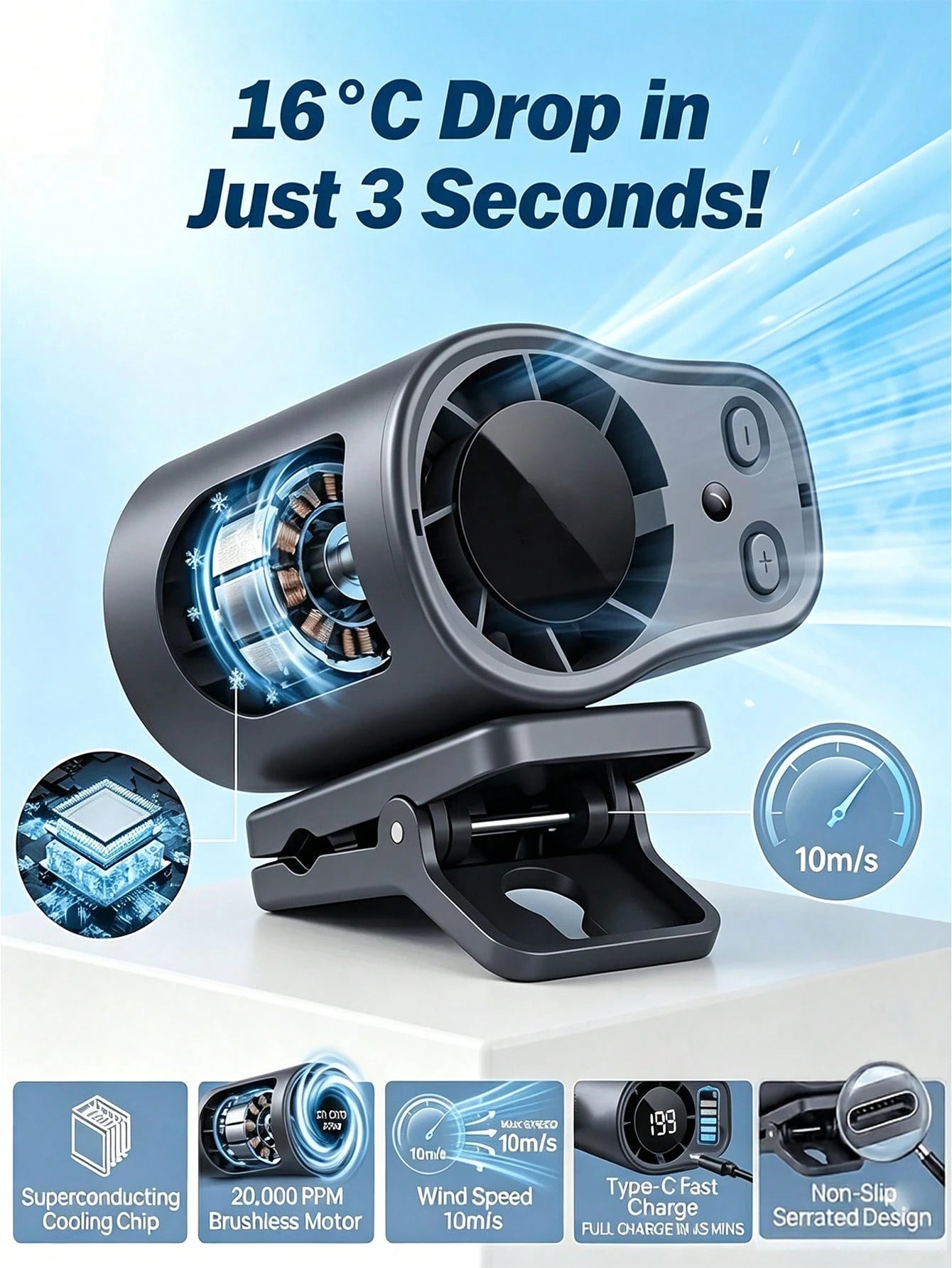 Car Clip-On Fan 360° Rotatable Mini Fan, Suitable For Car Sun Visor, Roof Handle, Seat Belt, Seat, Compact Portable Rechargeable Cooling Fan With LED Display, Suitable For Vehicle, SUV, RV, Van, Strol