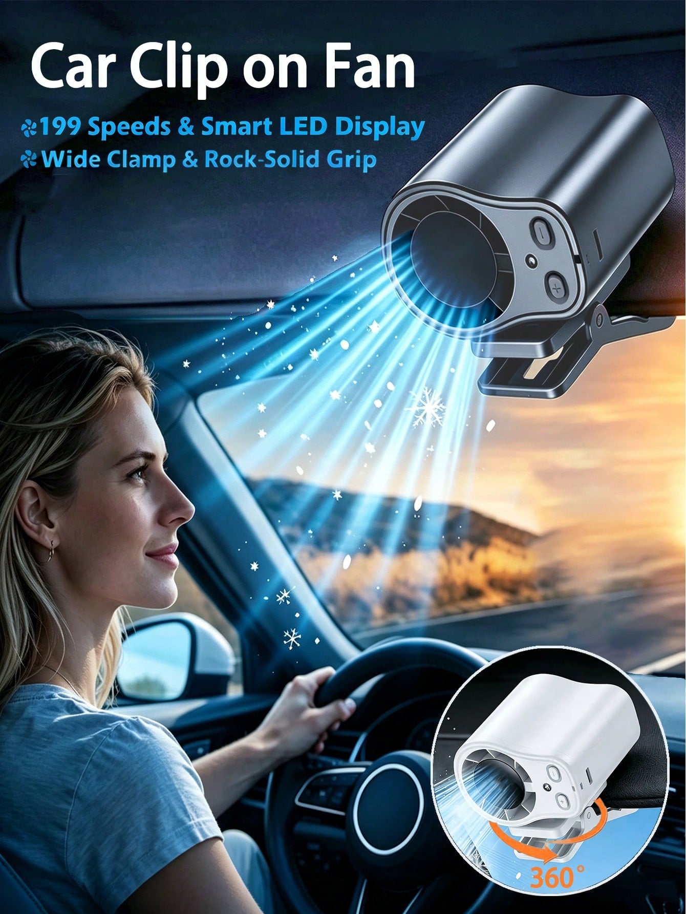 Car Clip-On Fan 360° Rotatable Mini Fan, Suitable For Car Sun Visor, Roof Handle, Seat Belt, Seat, Compact Portable Rechargeable Cooling Fan With LED Display, Suitable For Vehicle, SUV, RV, Van, Strol