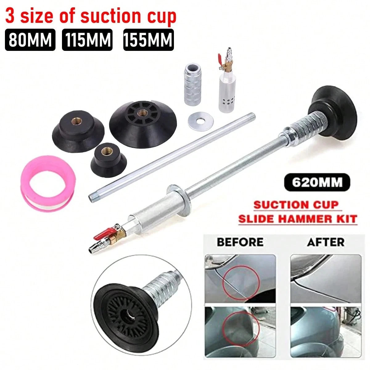 Car Dent Puller Tool, Slide Hammer Dent Puller With 3 Suction Cups, No Drilling Or Welding, Air Pneumatic Dent Removal Kit For Car Dent Door Dings Repair