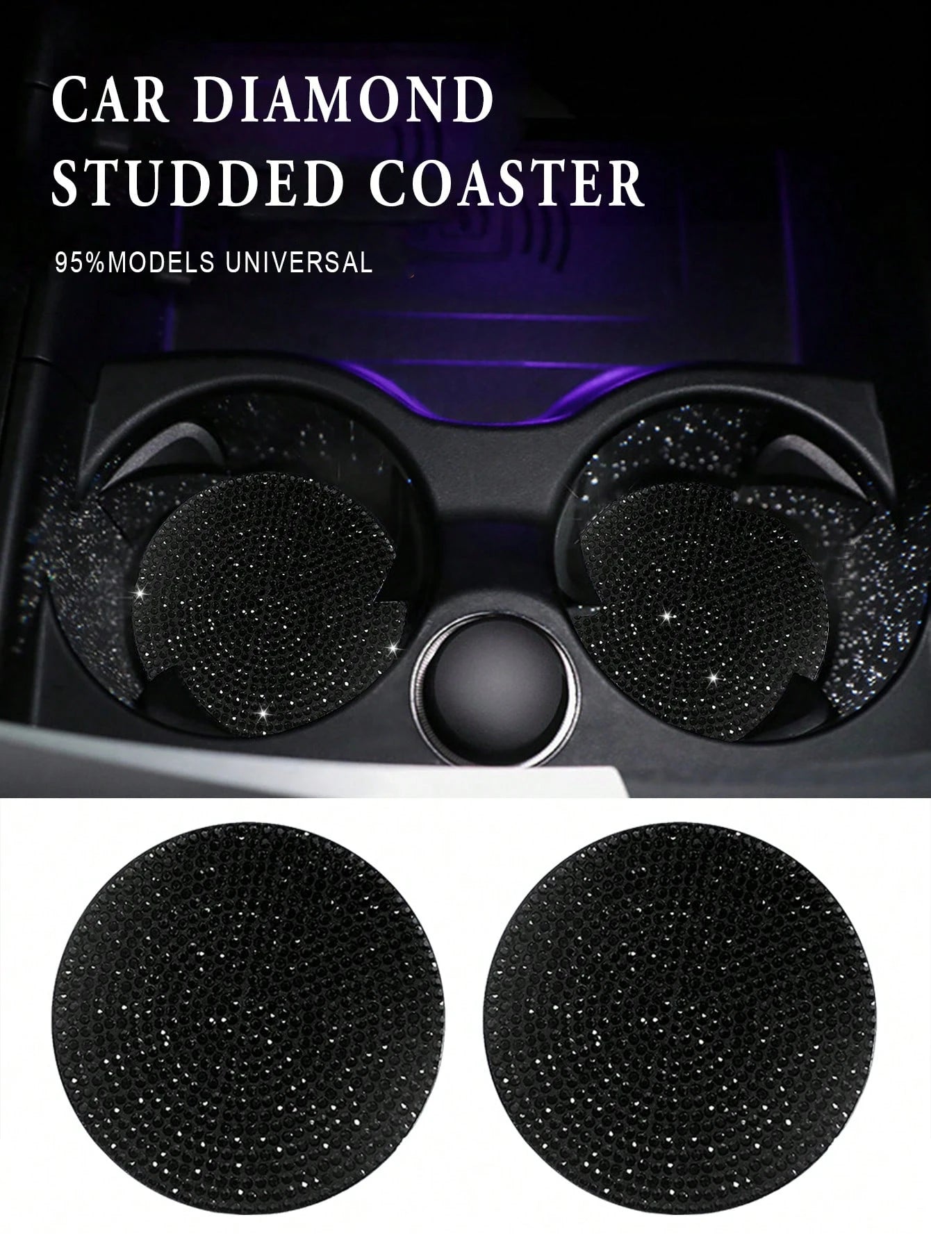 Car Diamond Bling Cup Holder Mat, Black Silicone Non-Slip Coaster With Artificial Diamonds, Car Interior Decor Accessories