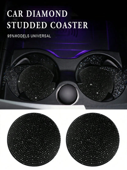 Car Diamond Bling Cup Holder Mat, Black Silicone Non-Slip Coaster With Artificial Diamonds, Car Interior Decor Accessories