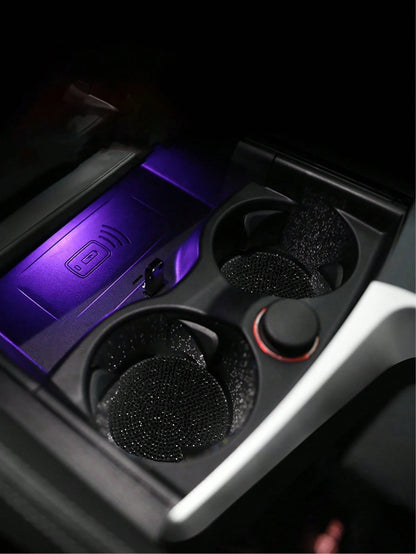 Car Diamond Bling Cup Holder Mat, Black Silicone Non-Slip Coaster With Artificial Diamonds, Car Interior Decor Accessories