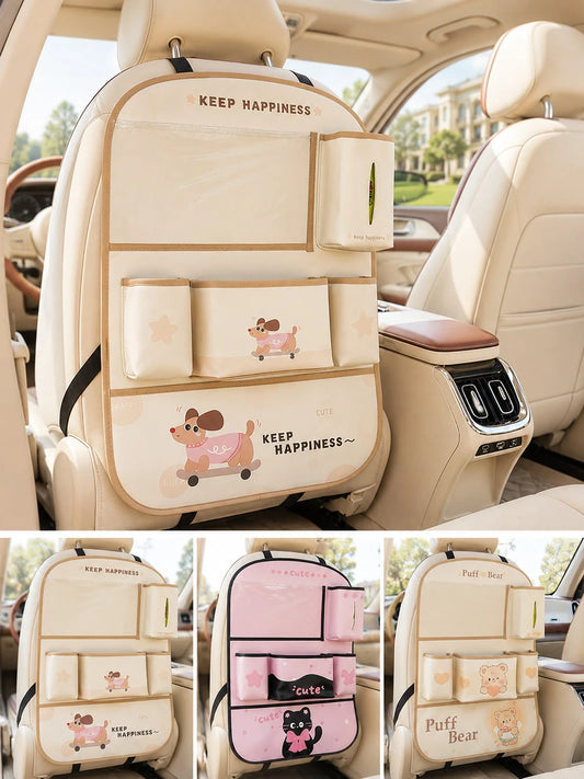 Car Seat Back Storage Bag, Cute Bear Design Faux Leather Rear Seat Organizer With Tissue Box, Multi-Pocket Phone Holder, Cup Holder And Large Flap Pocket, Universal Hanging Seat Back Protector, Suitab