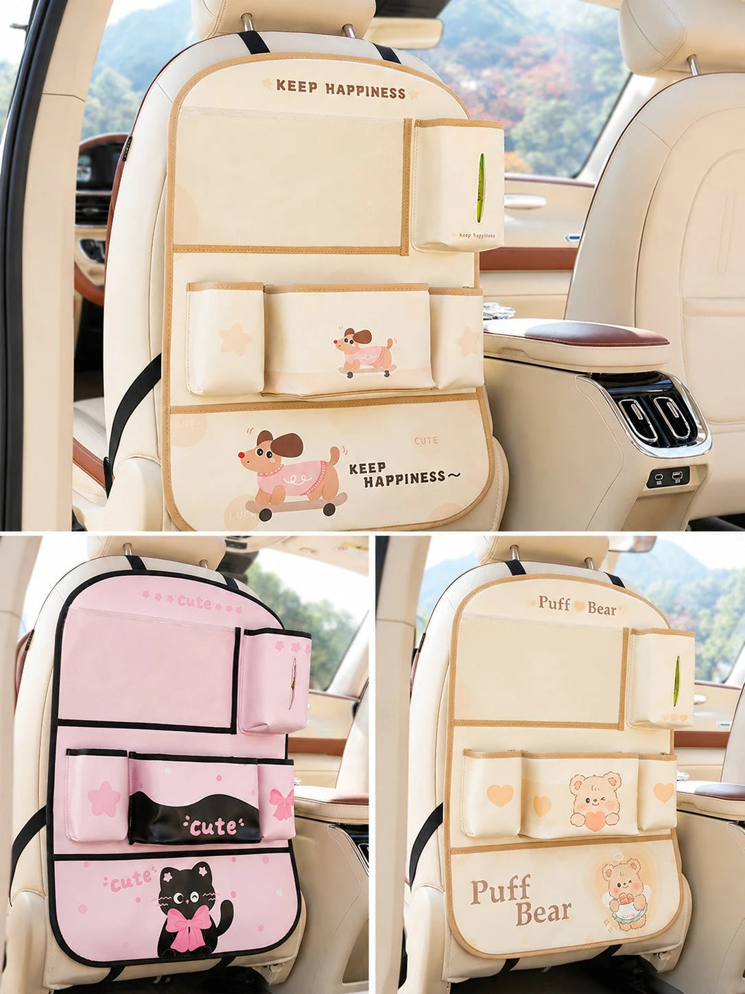 Car Seat Back Storage Bag, Cute Bear Design Faux Leather Rear Seat Organizer With Tissue Box, Multi-Pocket Phone Holder, Cup Holder And Large Flap Pocket, Universal Hanging Seat Back Protector, Suitab