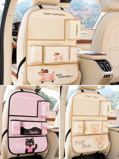 Car Seat Back Storage Bag, Cute Bear Design Faux Leather Rear Seat Organizer With Tissue Box, Multi-Pocket Phone Holder, Cup Holder And Large Flap Pocket, Universal Hanging Seat Back Protector, Suitab