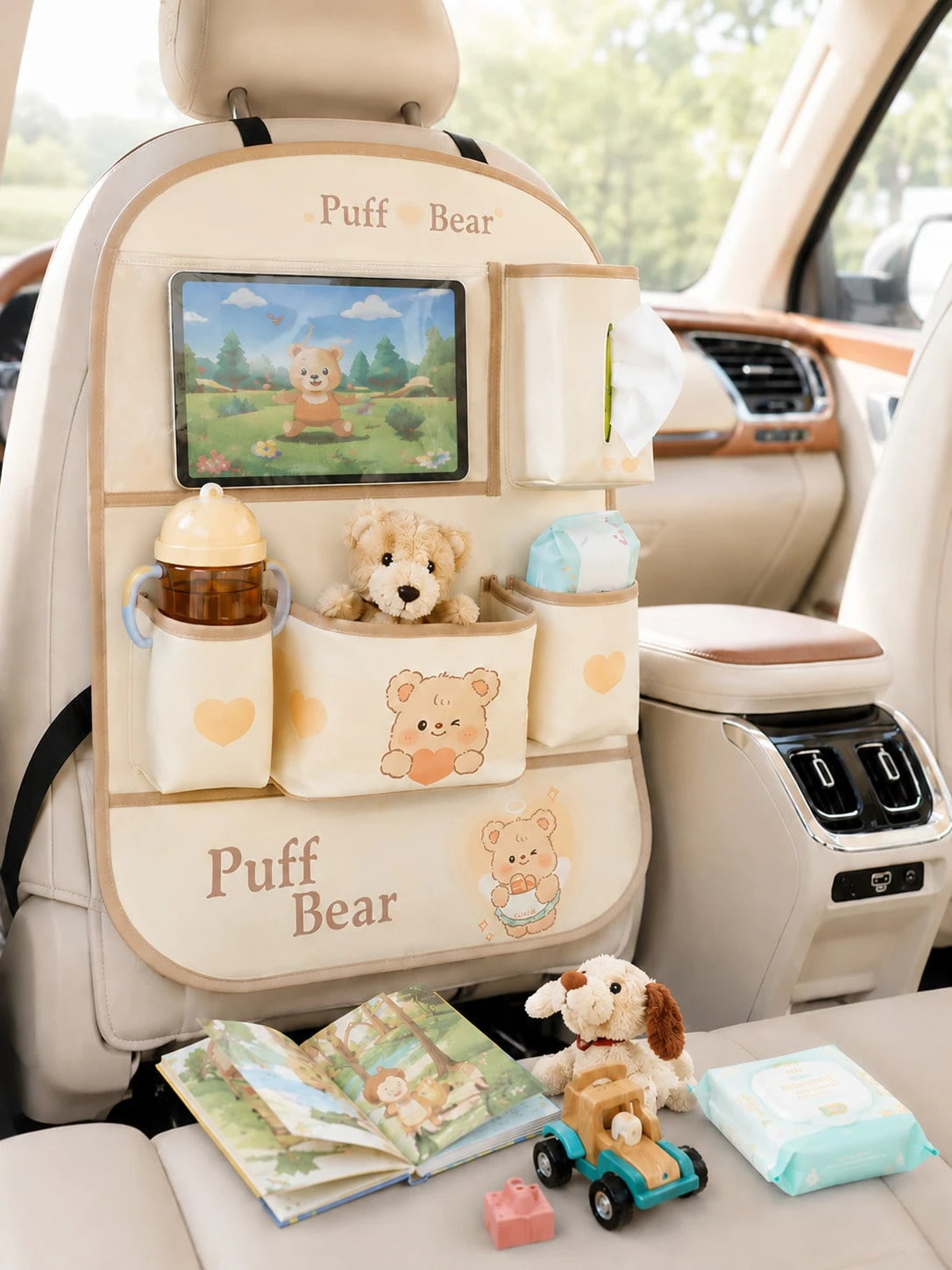 Car Seat Back Storage Bag, Cute Bear Design Faux Leather Rear Seat Organizer With Tissue Box, Multi-Pocket Phone Holder, Cup Holder And Large Flap Pocket, Universal Hanging Seat Back Protector, Suitab