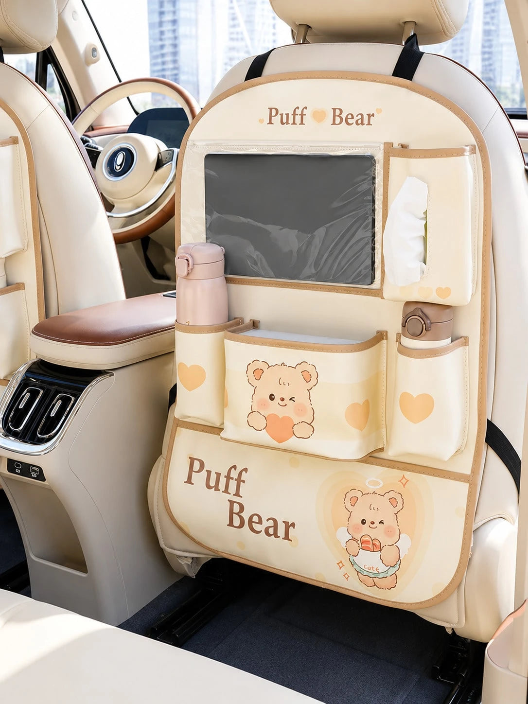 Car Seat Back Storage Bag, Cute Bear Design Faux Leather Rear Seat Organizer With Tissue Box, Multi-Pocket Phone Holder, Cup Holder And Large Flap Pocket, Universal Hanging Seat Back Protector, Suitab