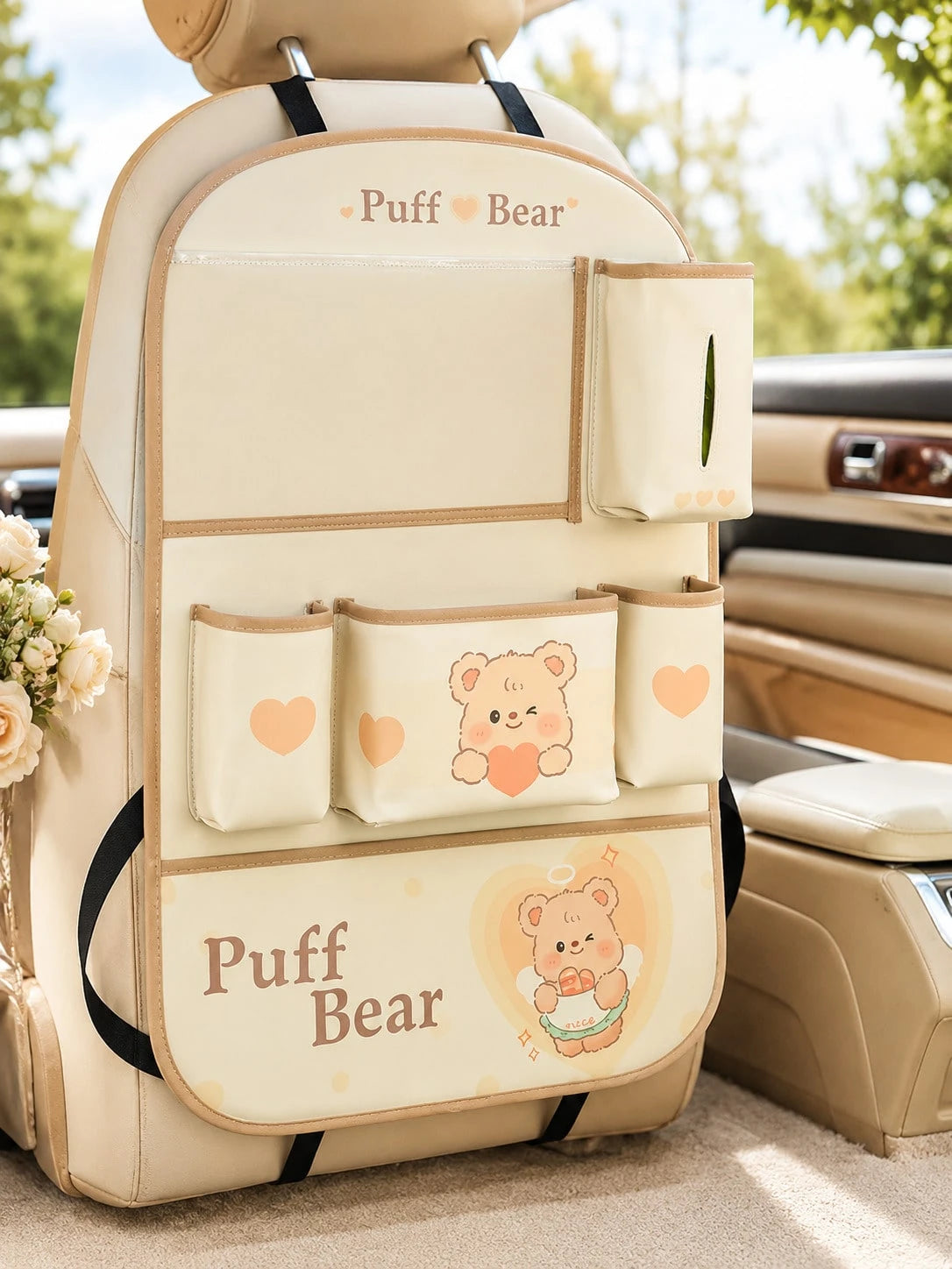 Car Seat Back Storage Bag, Cute Bear Design Faux Leather Rear Seat Organizer With Tissue Box, Multi-Pocket Phone Holder, Cup Holder And Large Flap Pocket, Universal Hanging Seat Back Protector, Suitab