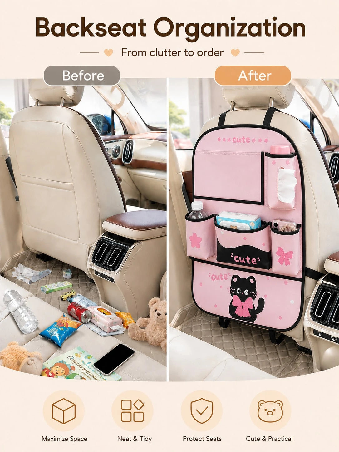 Car Seat Back Storage Bag, Cute Bear Design Faux Leather Rear Seat Organizer With Tissue Box, Multi-Pocket Phone Holder, Cup Holder And Large Flap Pocket, Universal Hanging Seat Back Protector, Suitab