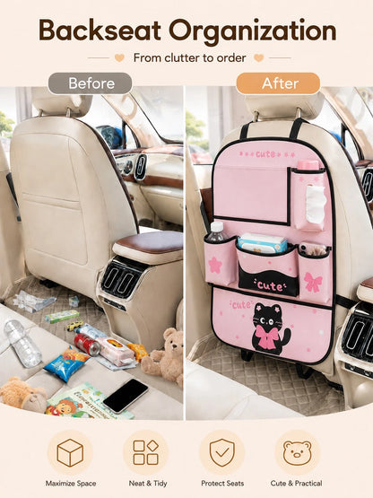 Car Seat Back Storage Bag, Cute Bear Design Faux Leather Rear Seat Organizer With Tissue Box, Multi-Pocket Phone Holder, Cup Holder And Large Flap Pocket, Universal Hanging Seat Back Protector, Suitab