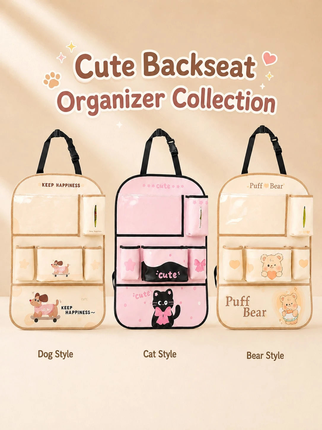 Car Seat Back Storage Bag, Cute Bear Design Faux Leather Rear Seat Organizer With Tissue Box, Multi-Pocket Phone Holder, Cup Holder And Large Flap Pocket, Universal Hanging Seat Back Protector, Suitab