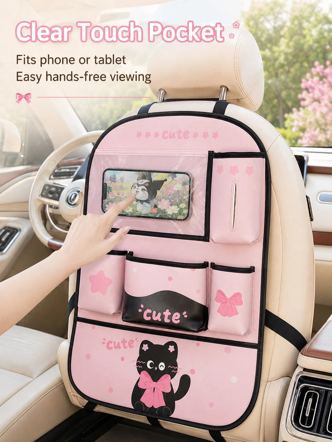 Car Seat Back Storage Bag, Cute Bear Design Faux Leather Rear Seat Organizer With Tissue Box, Multi-Pocket Phone Holder, Cup Holder And Large Flap Pocket, Universal Hanging Seat Back Protector, Suitab