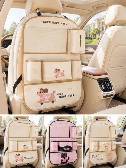 Car Seat Back Storage Bag, Cute Bear Design Faux Leather Rear Seat Organizer With Tissue Box, Multi-Pocket Phone Holder, Cup Holder And Large Flap Pocket, Universal Hanging Seat Back Protector, Suitab
