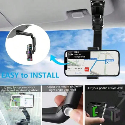Car Sun Visor Phone Mount, Multi-Functional Rotating Telescopic Sun Visor Phone Holder, Universal Car Navigation Support, 360° Adjustable Non-Adhesive Clip-On Phone Mount