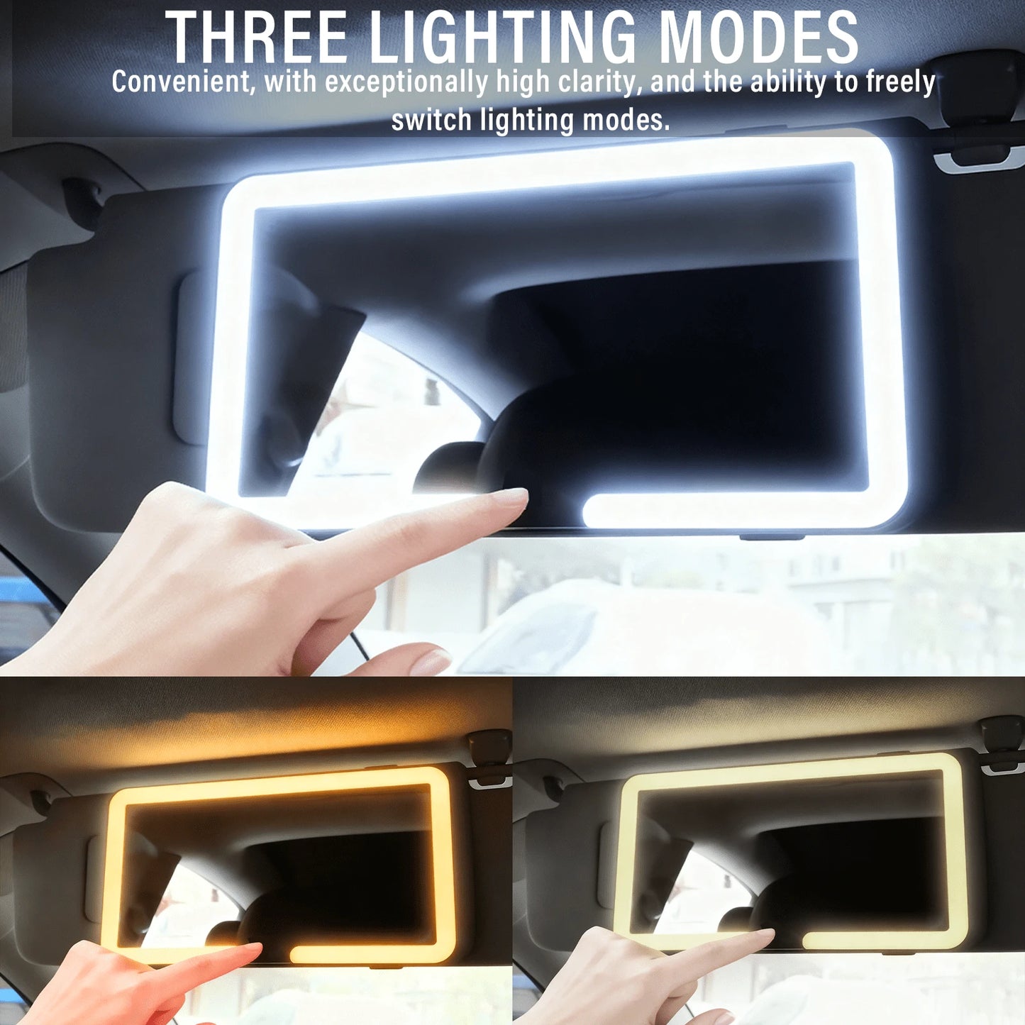 Car Sun Visor Vanity Mirror (1 Piece), White ABS Plastic Shell, Long Press The Power Button To Adjust Brightness, Three Light Switching Modes: Yellow, White And Warm Color, Color Temperature 2600k-650
