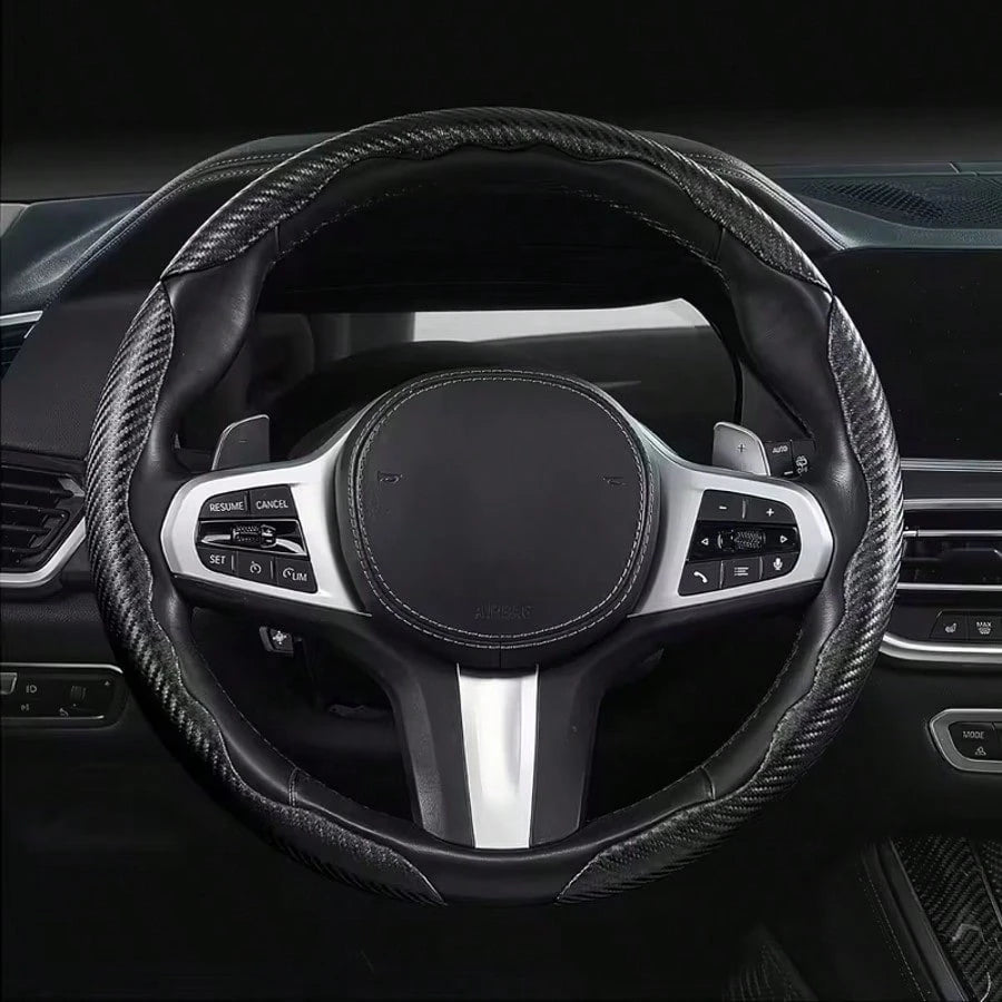 Carbon Fiber Steering Wheel Cover, Car Steering Wheel Cover For Men/Women, Comfortable Grip, Durable, Universal For 99% Car Interior Accessories (Black)