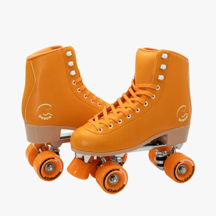 Orange roller skates with white laces on a white background featuring the brand 'C7Skates'