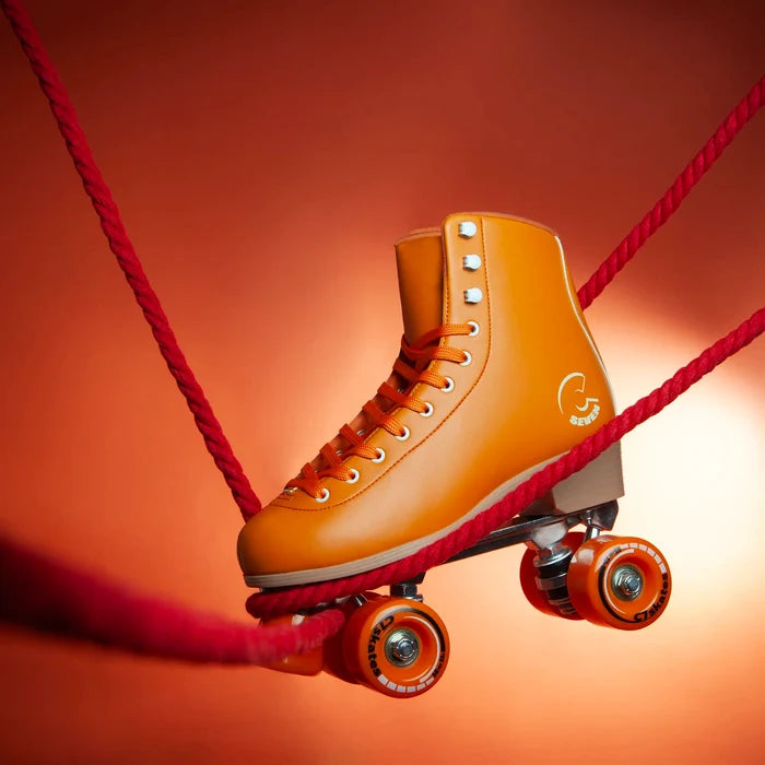 Orange roller skate with red shoelace on a gradient background featuring the brand 'C7Skates'