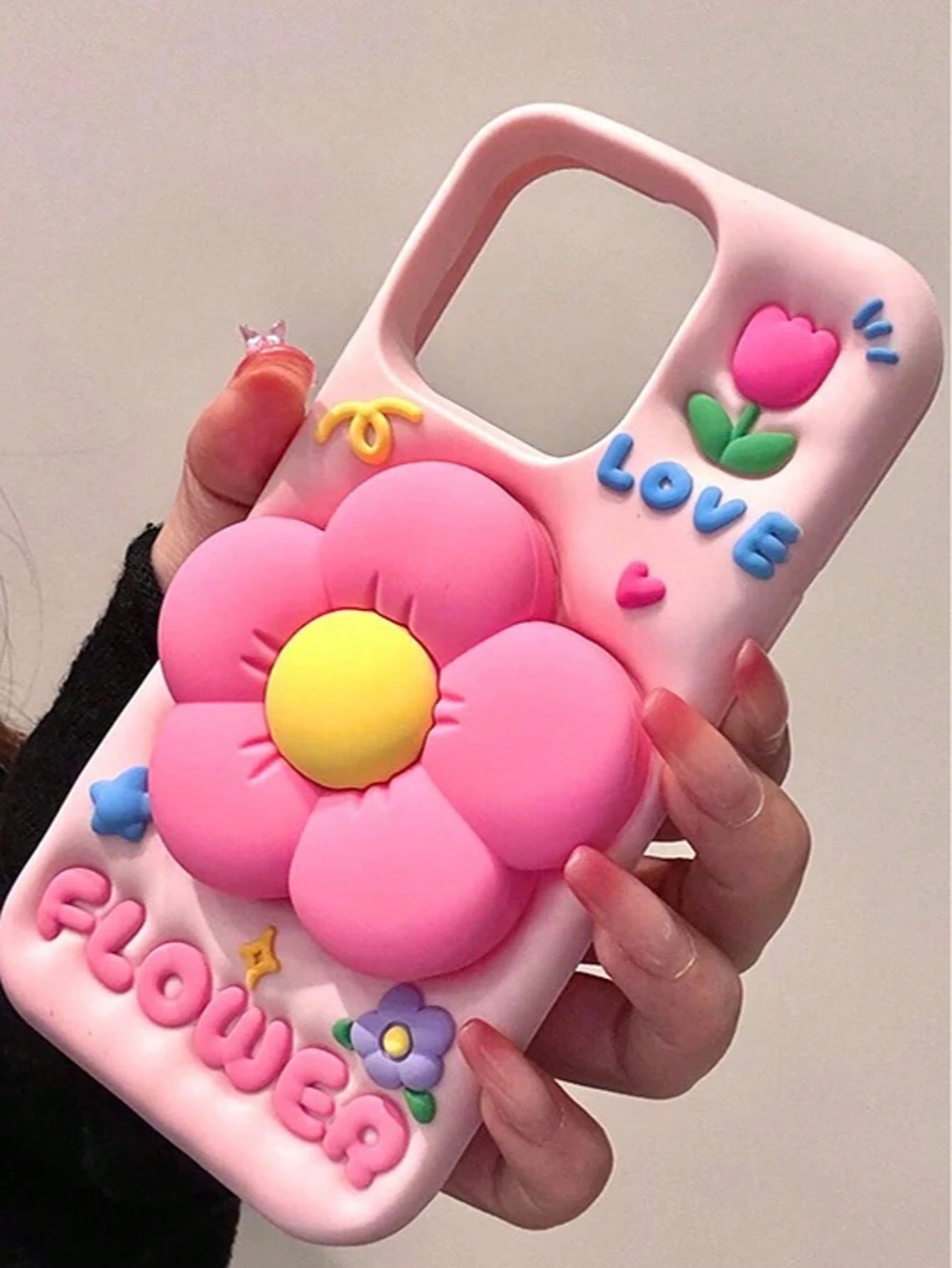 Cartoonish Pastel Pink Retractable Flower Stand Phone Case, Compatible With IPhone 16 Pro Max/15 Pro Max, Creative Internet Celebrity, Girly, Cute Silicone Anti-Drop Cover, Spring/Summer Waterproof Sh