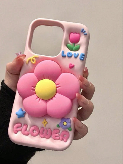Cartoonish Pastel Pink Retractable Flower Stand Phone Case, Compatible With IPhone 16 Pro Max/15 Pro Max, Creative Internet Celebrity, Girly, Cute Silicone Anti-Drop Cover, Spring/Summer Waterproof Sh