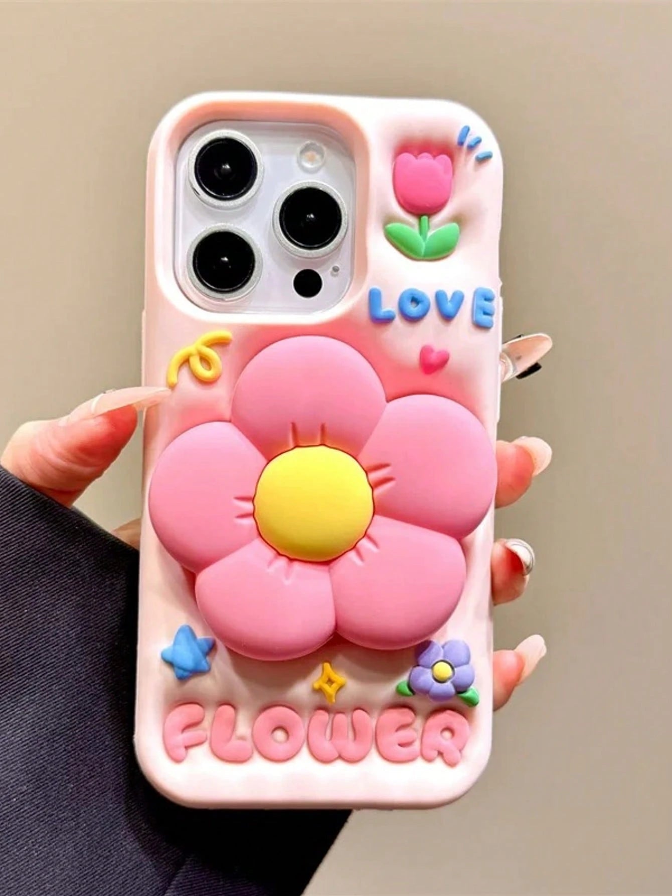 Cartoonish Pastel Pink Retractable Flower Stand Phone Case, Compatible With IPhone 16 Pro Max/15 Pro Max, Creative Internet Celebrity, Girly, Cute Silicone Anti-Drop Cover, Spring/Summer Waterproof Sh