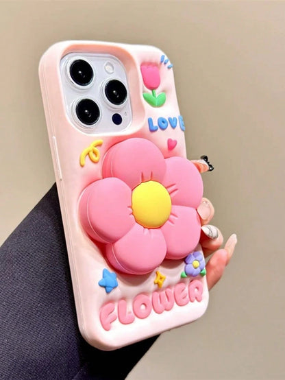 Cartoonish Pastel Pink Retractable Flower Stand Phone Case, Compatible With IPhone 16 Pro Max/15 Pro Max, Creative Internet Celebrity, Girly, Cute Silicone Anti-Drop Cover, Spring/Summer Waterproof Sh