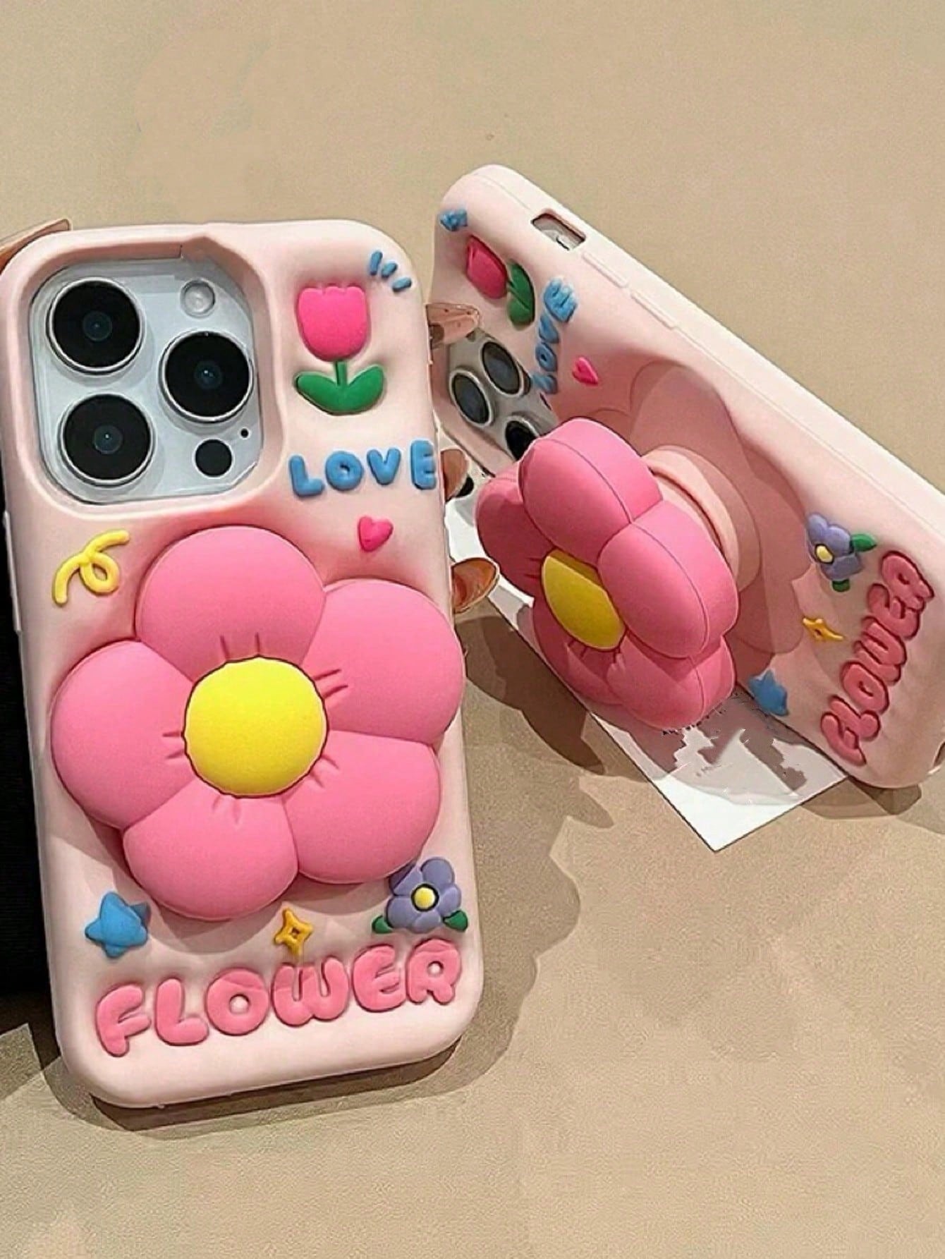 Cartoonish Pastel Pink Retractable Flower Stand Phone Case, Compatible With IPhone 16 Pro Max/15 Pro Max, Creative Internet Celebrity, Girly, Cute Silicone Anti-Drop Cover, Spring/Summer Waterproof Sh